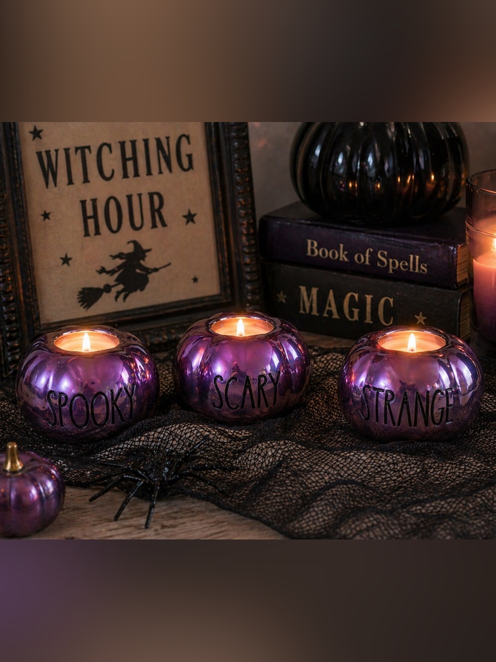 Rae Dunn Purple Pumpkin Tealight Trio - Spooky, Scary, Strange